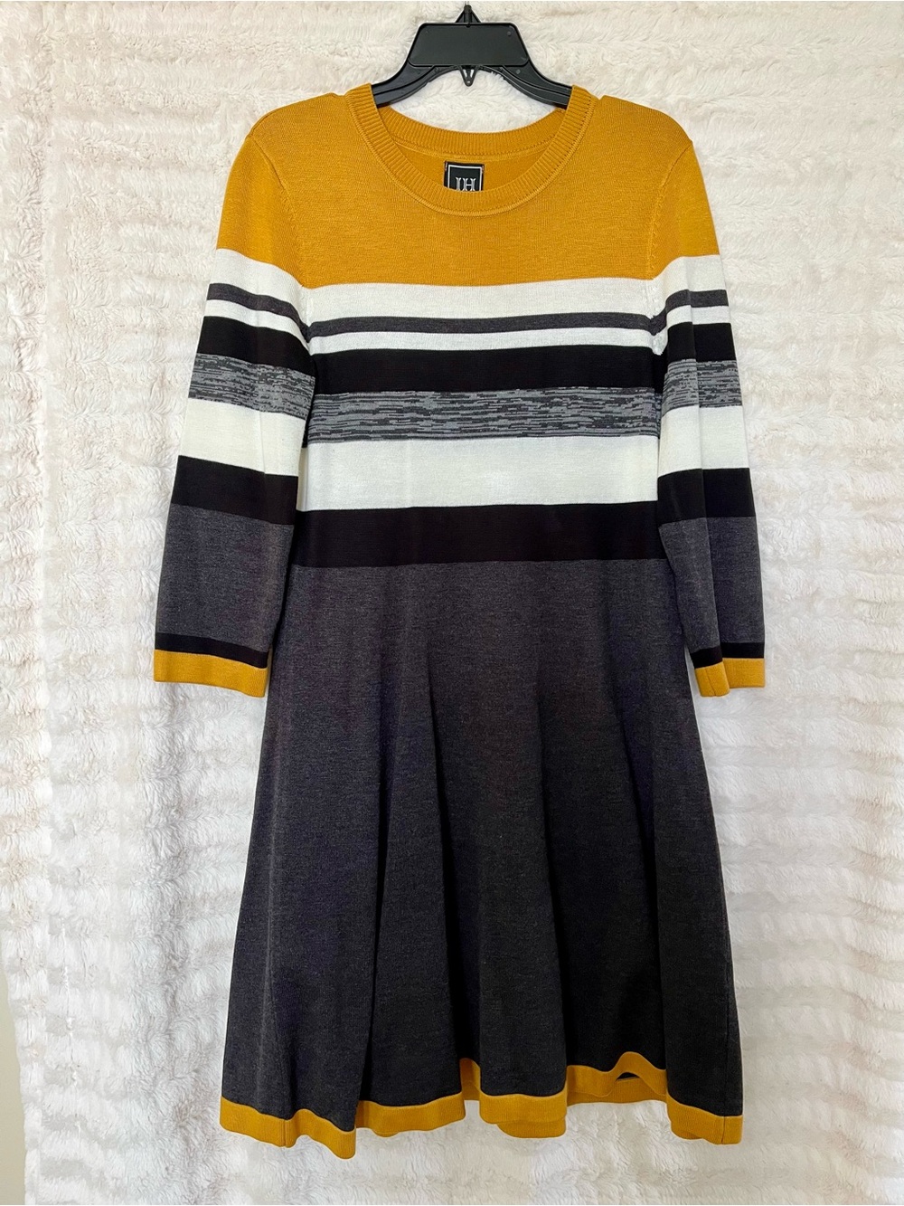 JH Women’s Striped Fit-and-Flare Knit Dress - Mustard, White & Charcoal (Size L)